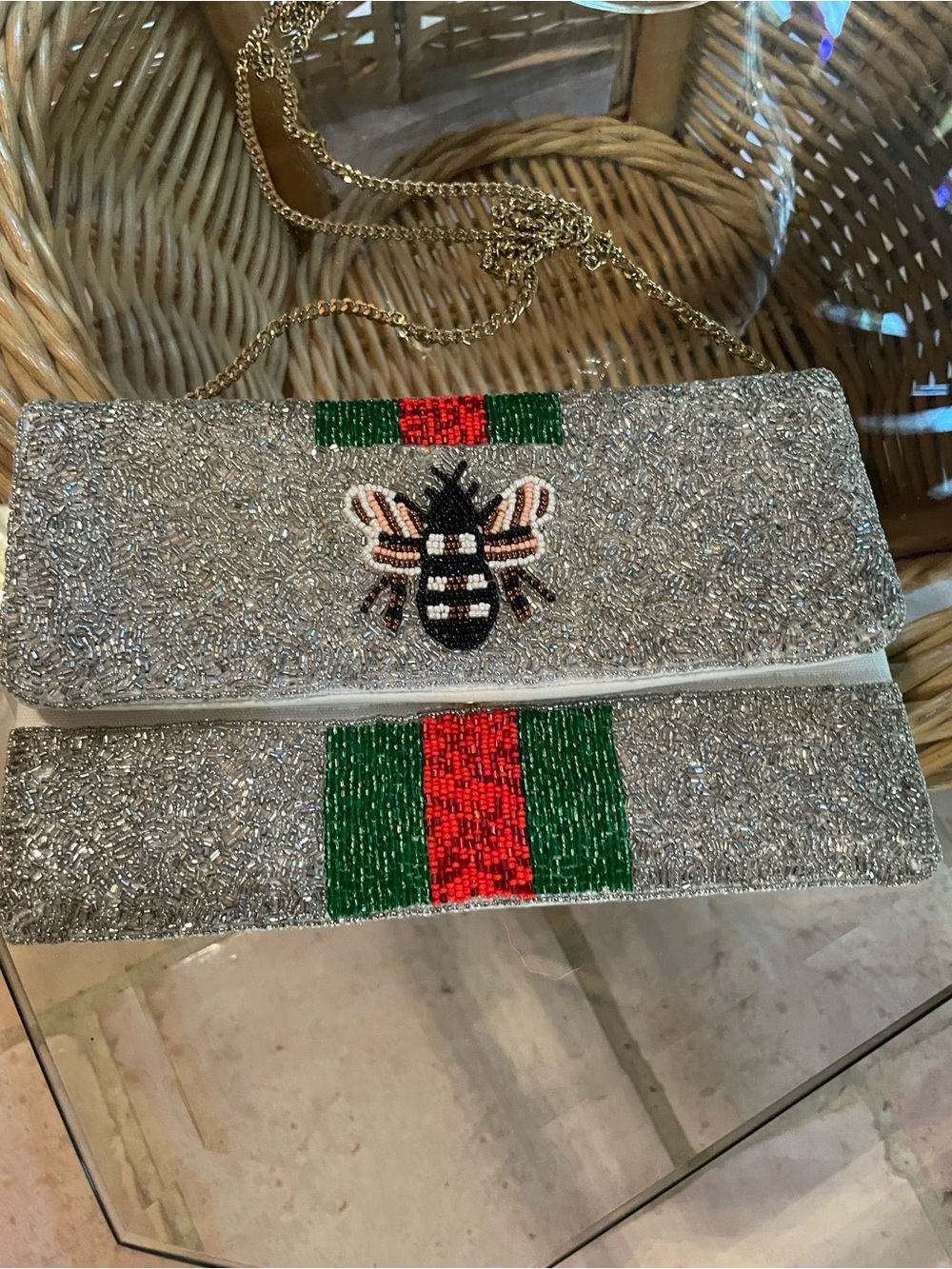Silver Beaded Crossbody Clutch with Bee Motif and Green-Red Stripe